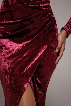 Flared Hem Ice Velvet Midi - Burgundy by Goddiva