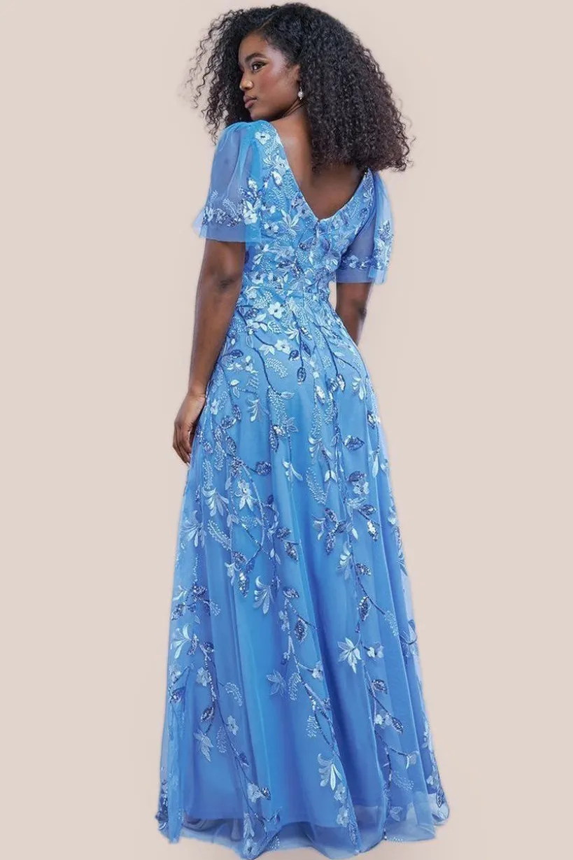 Flared Sleeve Embroidered Maxi Dress - Cornflower Blue by Goddiva