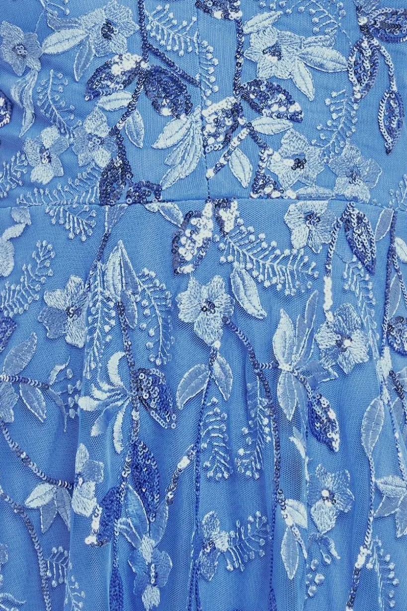 Flared Sleeve Embroidered Maxi Dress - Cornflower Blue by Goddiva