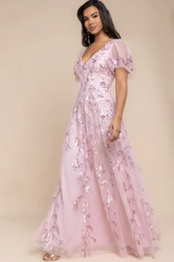 Flared Sleeve Embroidered Maxi Dress - Blush Pink by Goddiva