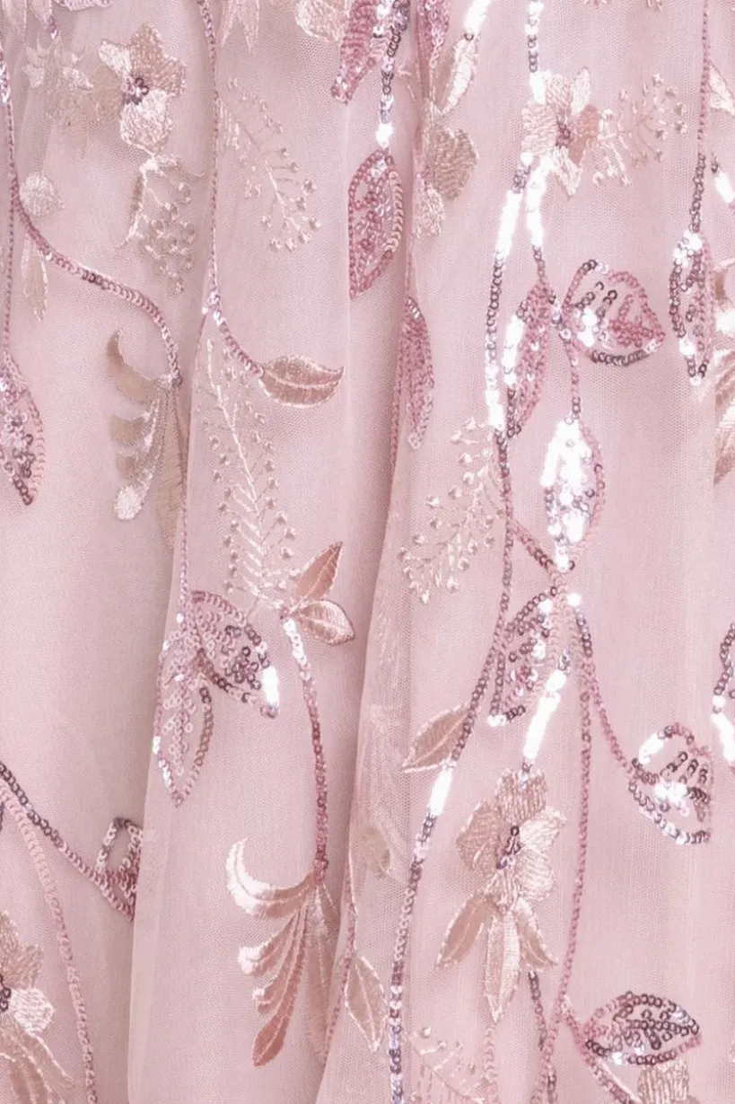 Flared Sleeve Embroidered Maxi Dress - Blush Pink by Goddiva