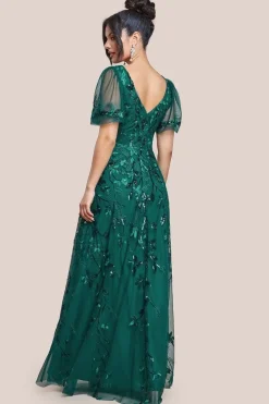 Flared Sleeve Embroidered Maxi Dress - Emerald Green by Goddiva
