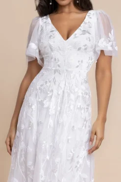 Flared Sleeve Embroidered Maxi Dress - White by Goddiva