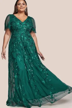 Flared Sleeve Embroidered Maxi Dress - Emerald by Goddiva Plus