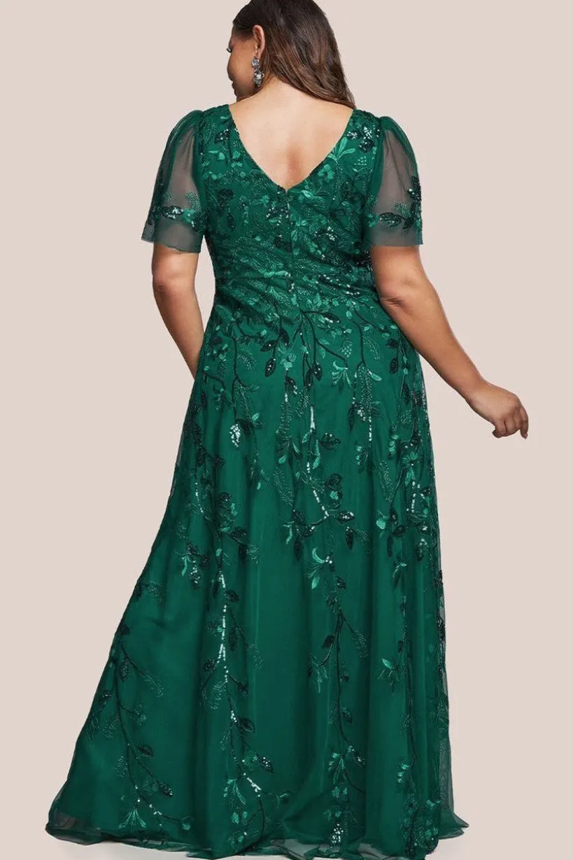 Flared Sleeve Embroidered Maxi Dress - Emerald by Goddiva Plus