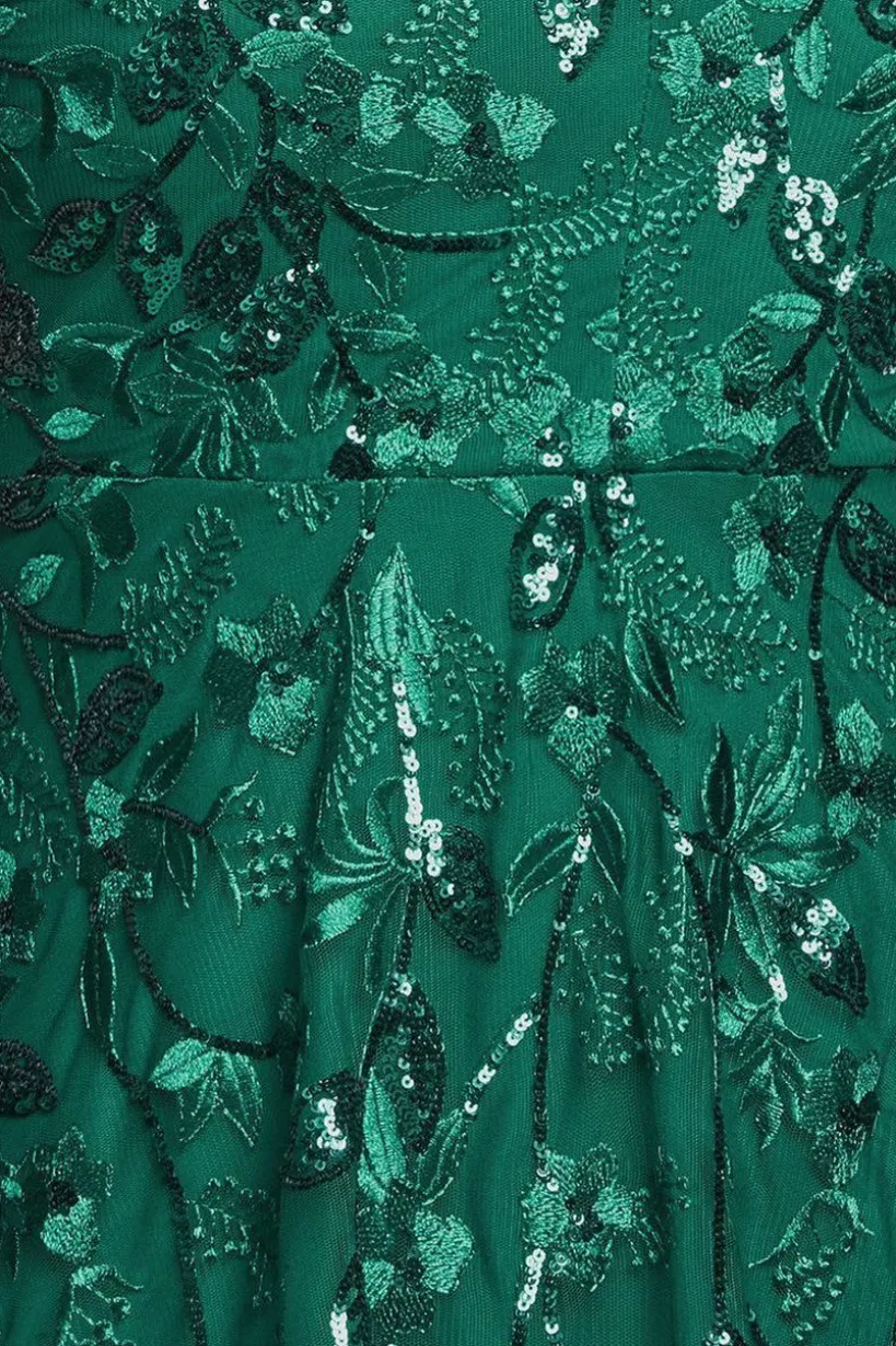 Flared Sleeve Embroidered Maxi Dress - Emerald by Goddiva Plus