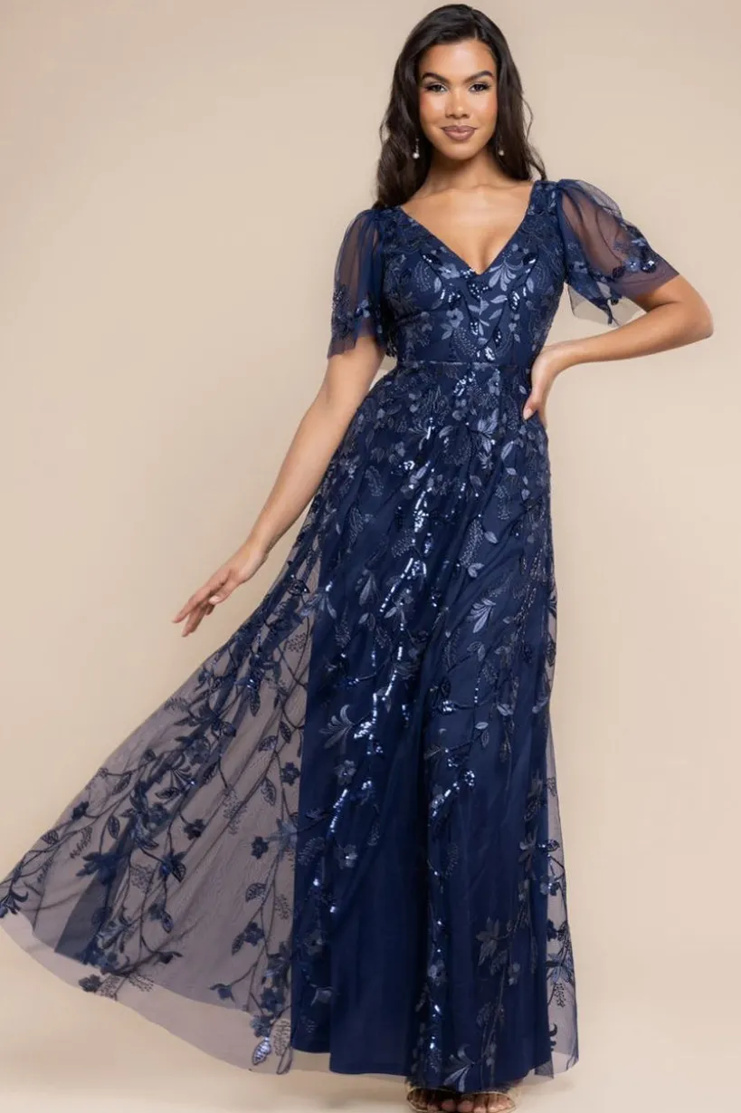 Flared Sleeve Embroidered Maxi Dress - Navy Blue by Goddiva