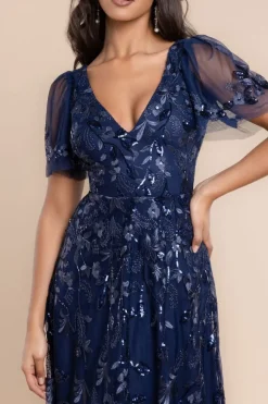 Flared Sleeve Embroidered Maxi Dress - Navy Blue by Goddiva
