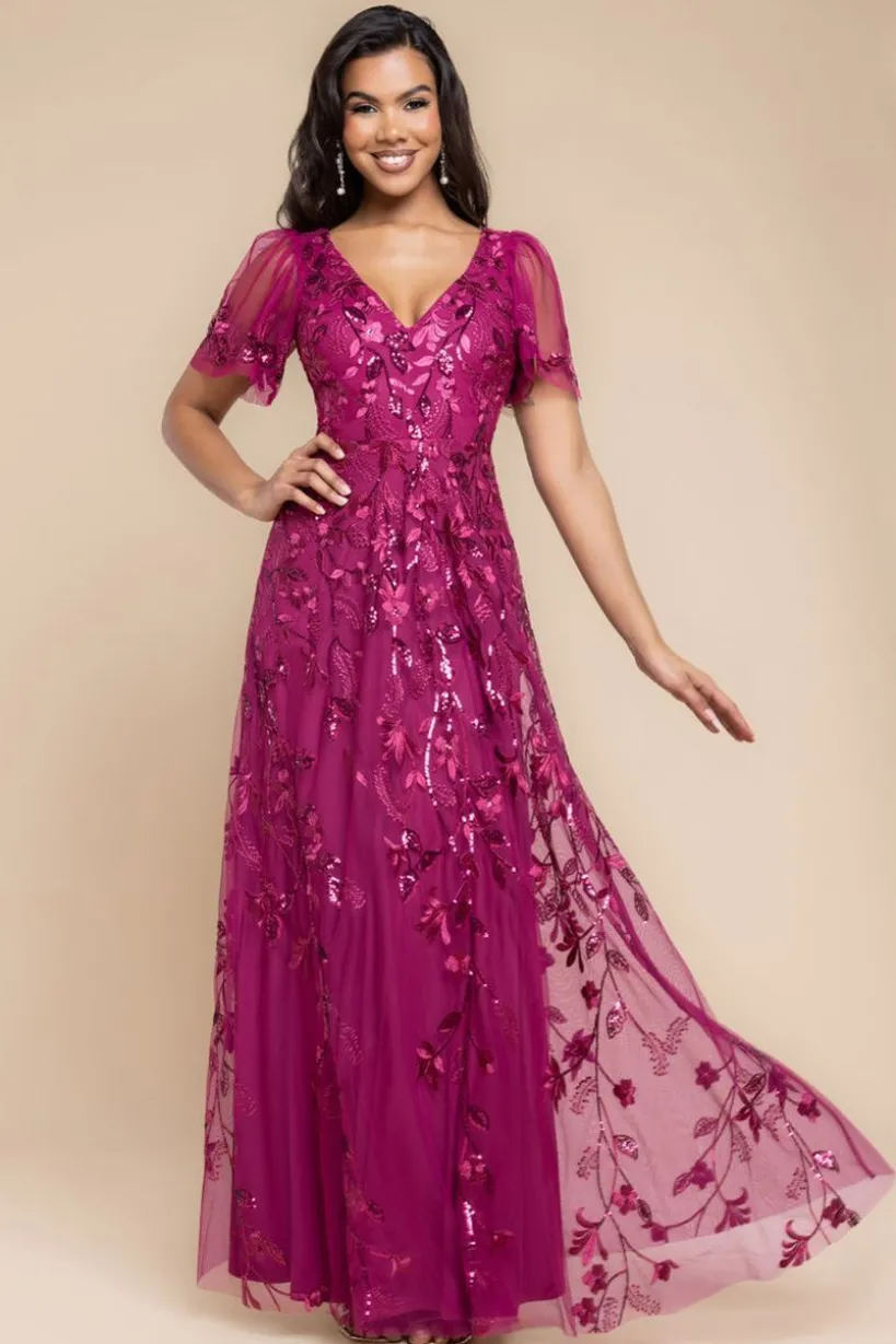 Flared Sleeve Embroidered Maxi Dress - Magenta by Goddiva