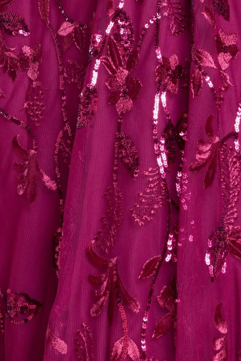 Flared Sleeve Embroidered Maxi Dress - Magenta by Goddiva
