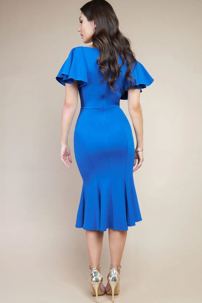 Flared Sleeve Front Wrap Midi Dress - Royal Blue by Goddiva
