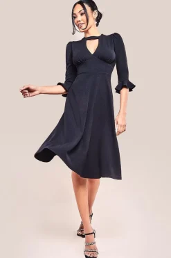Flared Sleeve Midi Dress - Black by Goddiva