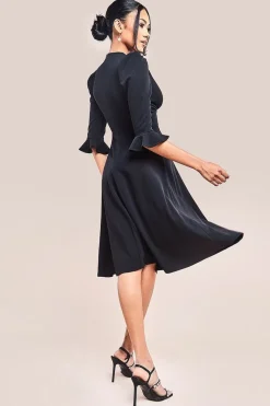Flared Sleeve Midi Dress - Black by Goddiva