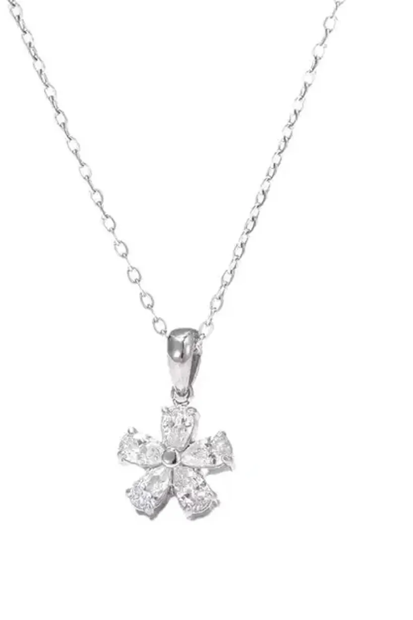 Floral Crystal Pendant Necklace In Silver by SVNX
