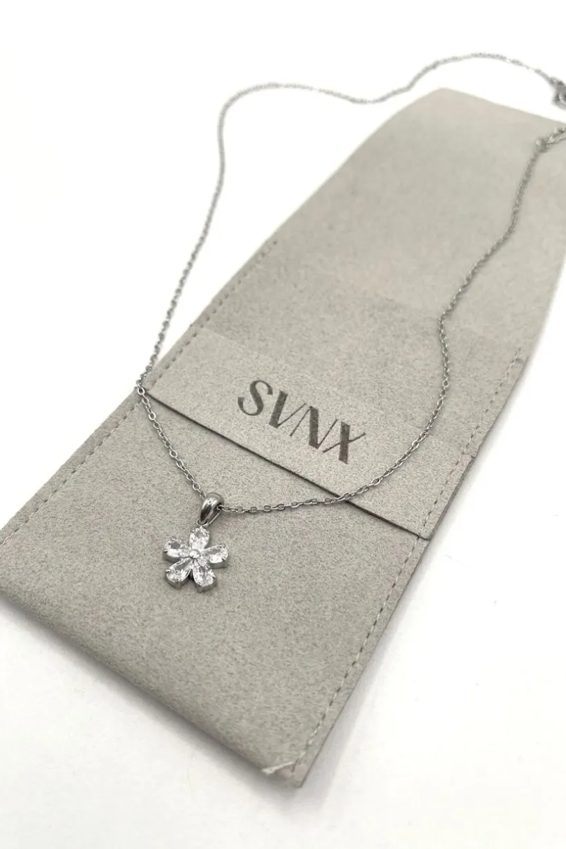 Floral Crystal Pendant Necklace In Silver by SVNX