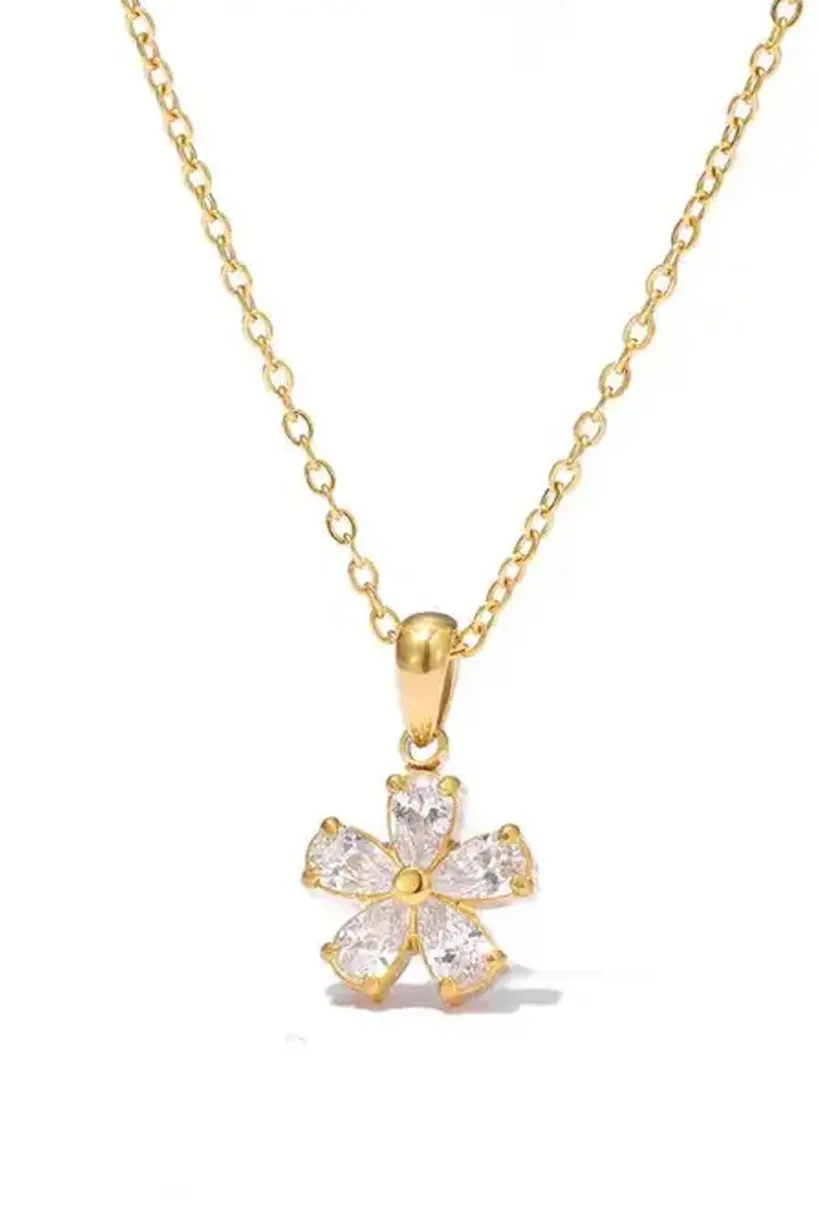 Floral Crystal Pendant Necklace In Gold by SVNX