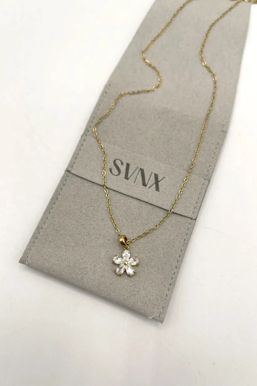 Floral Crystal Pendant Necklace In Gold by SVNX