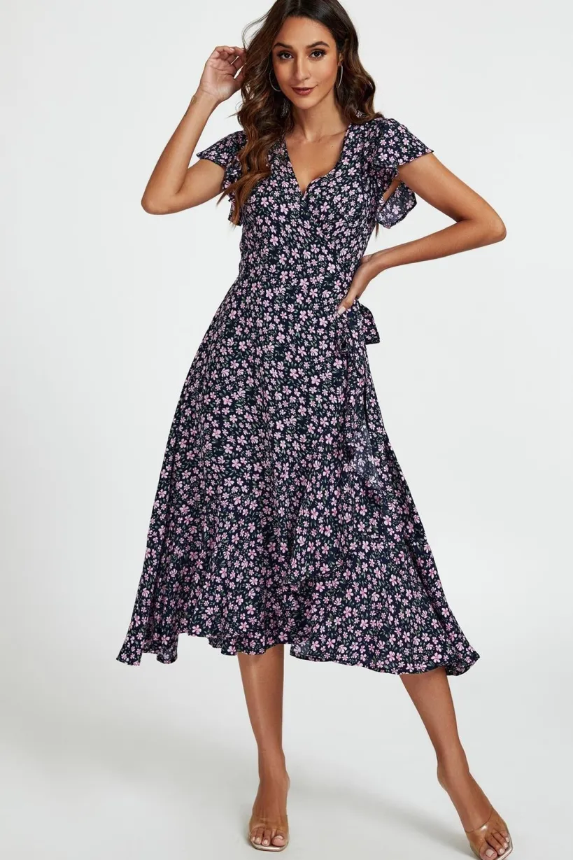 Floral Frill Sleeve Midi Wrap Dress In Navy by FS Collection