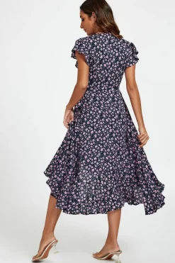 Floral Frill Sleeve Midi Wrap Dress In Navy by FS Collection