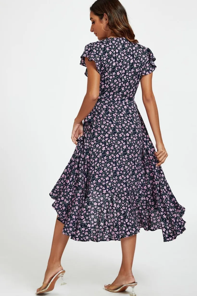 Floral Frill Sleeve Midi Wrap Dress In Navy by FS Collection