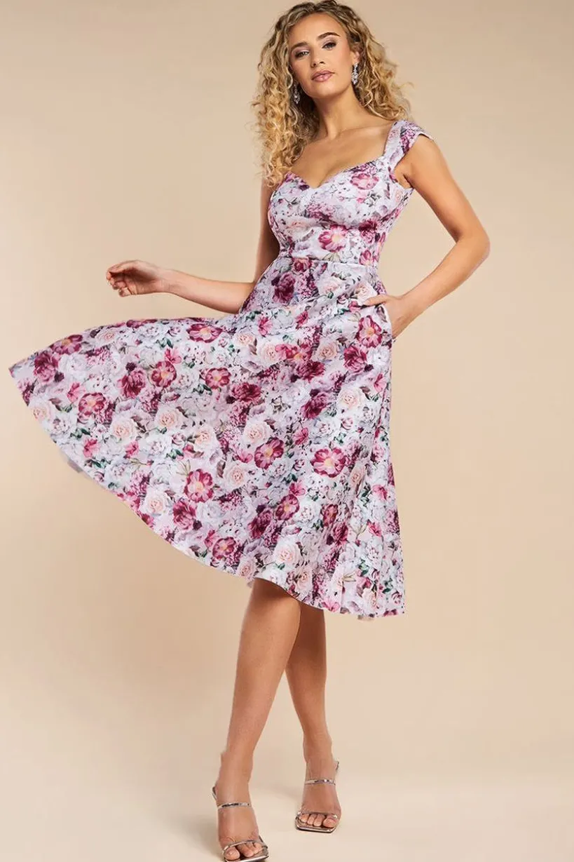 Floral Print A-Line Sweetheart Midi Dress - Blush Pink by Goddiva