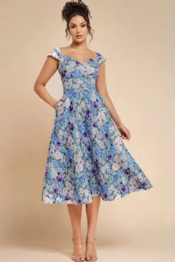 Floral Print A-Line Sweetheart Midi Dress - Sage Green by Goddiva