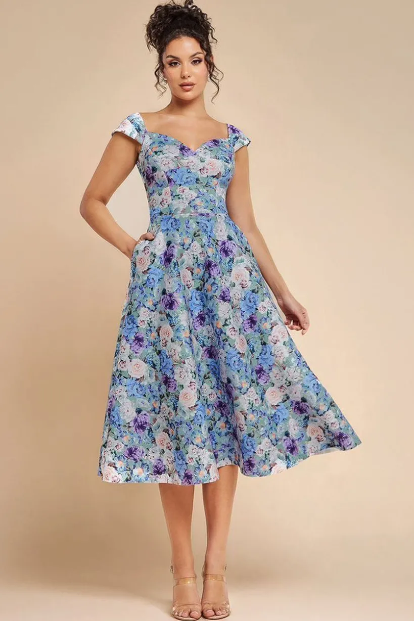 Floral Print A-Line Sweetheart Midi Dress - Sage Green by Goddiva