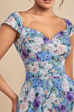 Floral Print A-Line Sweetheart Midi Dress - Sage Green by Goddiva