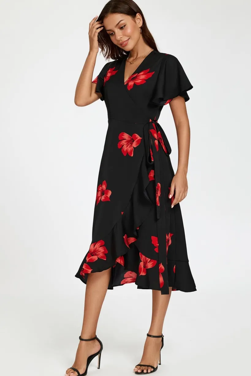 Floral Print Angel Sleeve Wrap Dress In Black by FS Collection