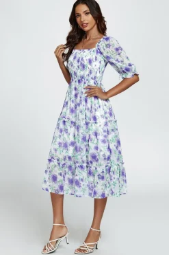 Floral Print Bardot Puff Sleeve Elasticated Detail Midi Dress In White by FS Collection