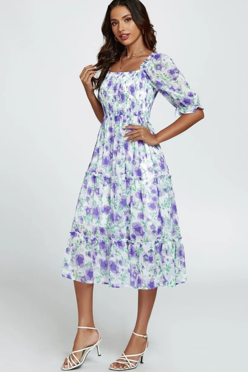 Floral Print Bardot Puff Sleeve Elasticated Detail Midi Dress In White by FS Collection