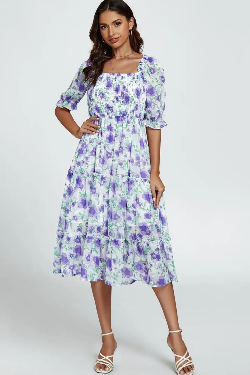 Floral Print Bardot Puff Sleeve Elasticated Detail Midi Dress In White by FS Collection