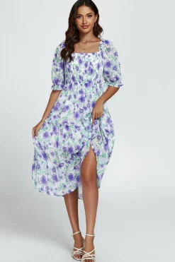 Floral Print Bardot Puff Sleeve Elasticated Detail Midi Dress In White by FS Collection