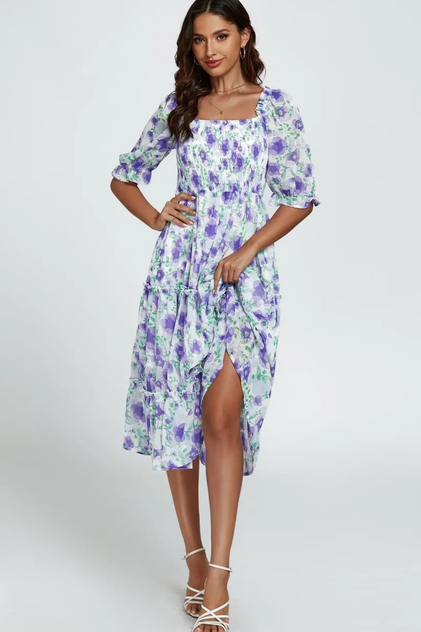 Floral Print Bardot Puff Sleeve Elasticated Detail Midi Dress In White by FS Collection