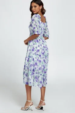 Floral Print Bardot Puff Sleeve Elasticated Detail Midi Dress In White by FS Collection