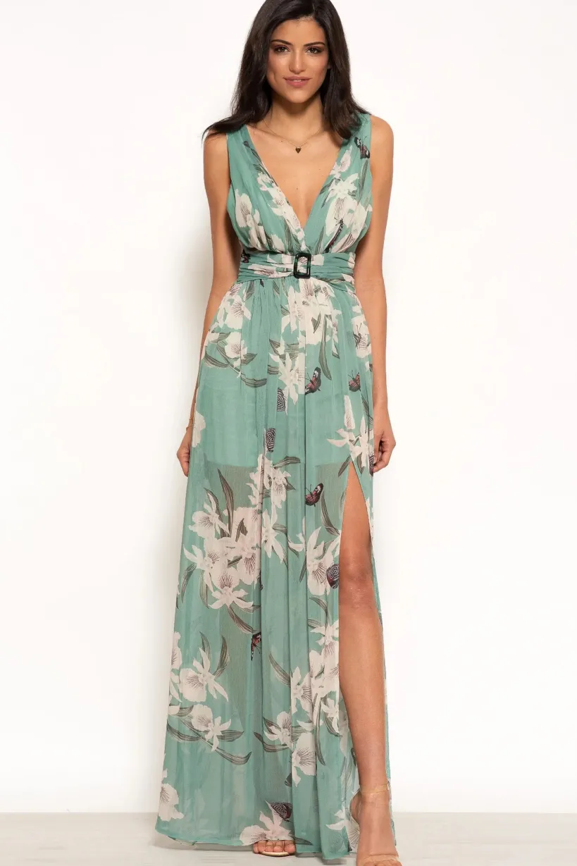 Floral Print Belted Maxi Dress by Urban Touch