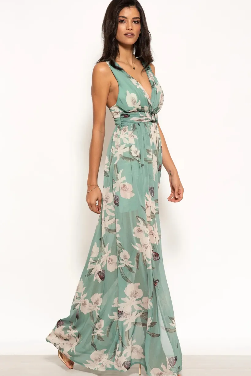Floral Print Belted Maxi Dress by Urban Touch