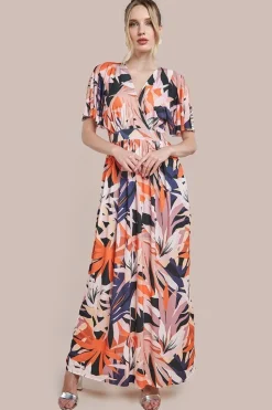 Floral Print Flutter Sleeve Maxi - Orange Print by Goddiva