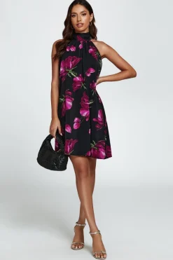Floral Print Halter Neck Tie Back Mini Dress In Black by FS Collection