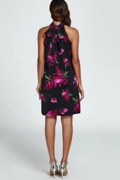 Floral Print Halter Neck Tie Back Mini Dress In Black by FS Collection