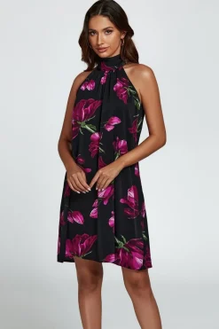 Floral Print Halter Neck Tie Back Mini Dress In Black by FS Collection