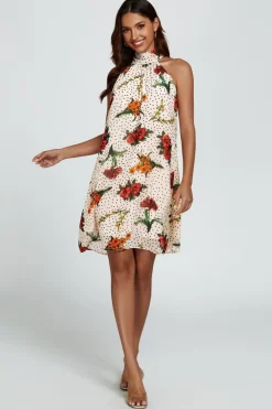 Floral Print Halter Neck Tie Back Mini Dress In Off White by FS Collection