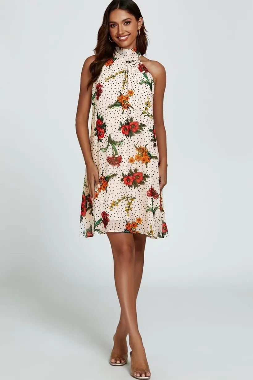 Floral Print Halter Neck Tie Back Mini Dress In Off White by FS Collection