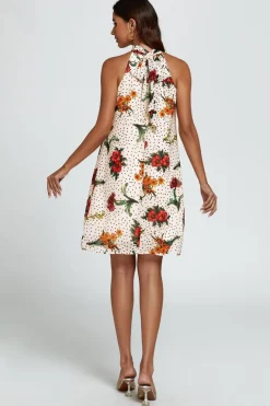 Floral Print Halter Neck Tie Back Mini Dress In Off White by FS Collection