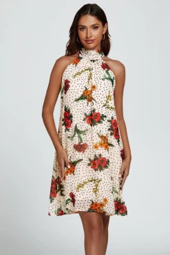 Floral Print Halter Neck Tie Back Mini Dress In Off White by FS Collection