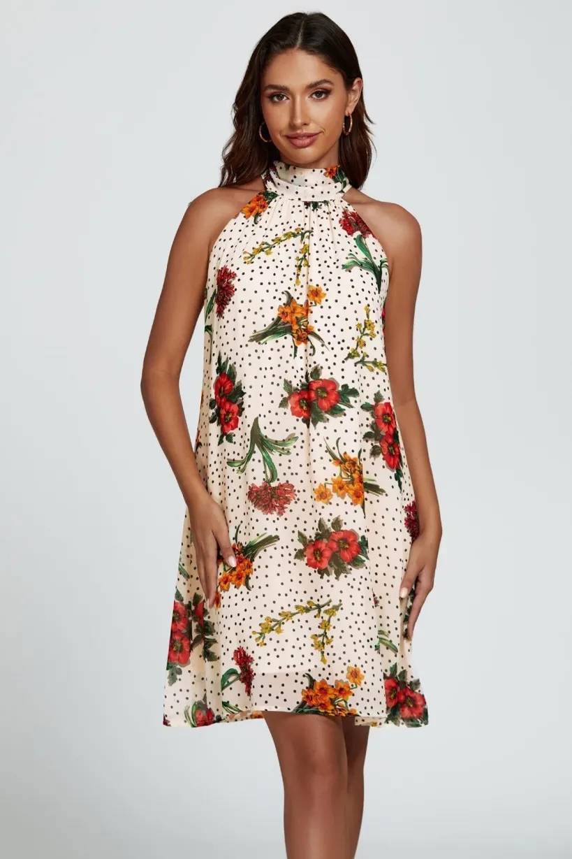 Floral Print Halter Neck Tie Back Mini Dress In Off White by FS Collection