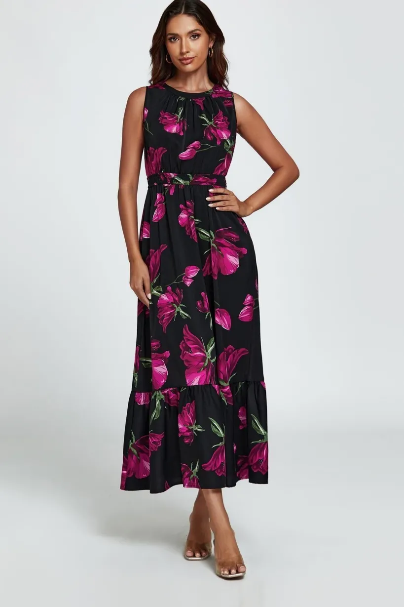 Floral Print Halterneck Maxi Dress In Black by FS Collection