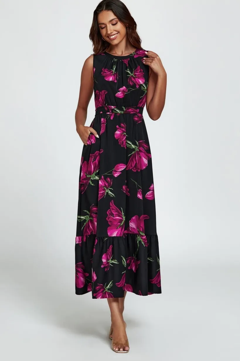 Floral Print Halterneck Maxi Dress In Black by FS Collection