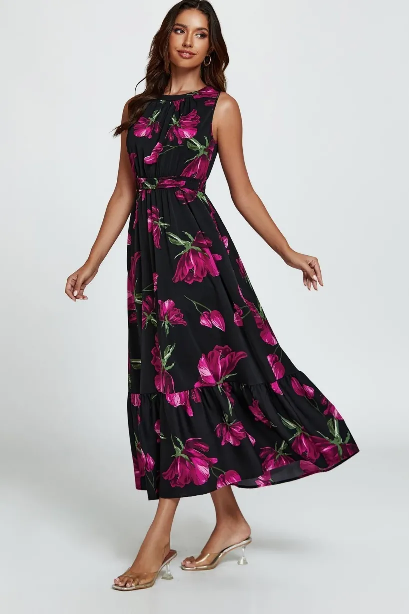 Floral Print Halterneck Maxi Dress In Black by FS Collection