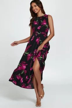 Floral Print Halterneck Maxi Dress In Black by FS Collection